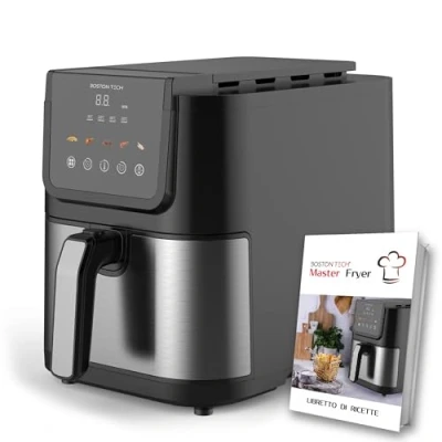 Immagine di Boston Tech Friggitrice ad aria Master Fryer 5L, 1500 W, 5 programmi, display LED, controllo tattile, temperatura regolabile, cestello antiaderente, timer, include ricettario, acciaio inossidabile
