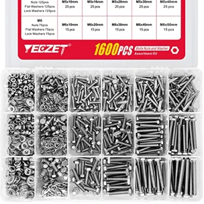 Immagine di YEEZET 1600 Pz M4 M5 M6 Bulloni esagonali e Dadi Assortimento Kit,include 15 misure più comuni,Acciaio legato di grado 8.8
