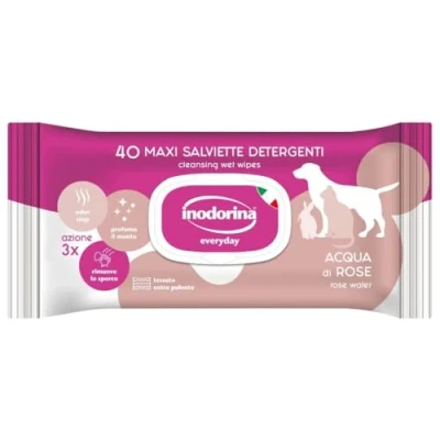 Immagine di Inodorina, Salviette Refresh, Detergenti in Tessuto Resistente, con Agente Idratante, Emolliente e Protettivo, Profumazione Acqua di Rose, Bundle 12 Pezzi