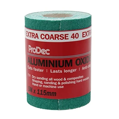 Immagine di ProDec Rotolo di carta abrasiva in ossido alluminio verde grado extra grosso, grana 40, 5 m, per levigare legno, vernice, intonaco, stucco, metallo e altro ancora, larghezza 115 mm, compatibile