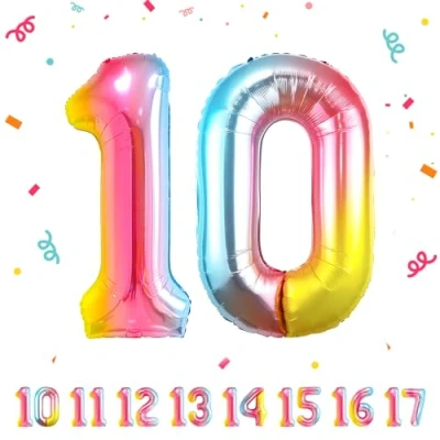 Immagine di Palloncini Compleanno 10 anni Arcobaleno 101 CM Palloncino Numero Gonfiabile in Foil Decorazioni di un uomo donna Vola con l&#039;Elio
