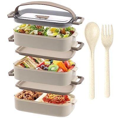 Immagine di OITUGG Lunch Box 3 Strati 2200ml Portapranzo per Adulti ufficio Porta Pranzo Bambini Scuola, con Posate e pezzo Scomparti Regolabili, Senza BPA, Microonde, a prova di perdite, Beige