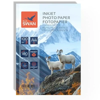 Immagine di BLUE SWAN 100 Fogli A4 Carta Fotografica Lucida, 180 g/m², Bianco Alta Lucentezza, Asciugatura Rapida, Resistente all&#039;Acqua e ai Graffi, Adatta per Stampanti a Getto d&#039;Inchiostro