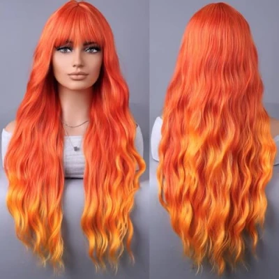 Immagine di YEESHEDO 30 pollici Parrucche da arancio rosso lunghe ondulate con frangia per le donne, parrucca sintetica resistente al calore cosplay di festa