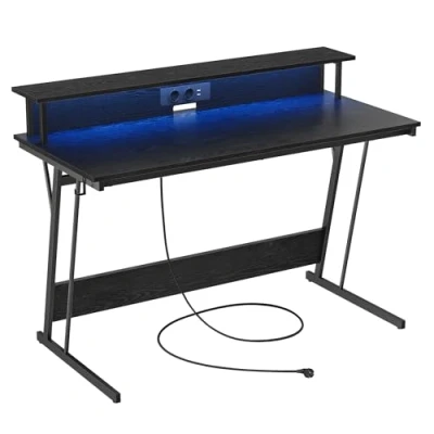 Immagine di VASAGLE Scrivania da Gaming con Luci LED e Prese di Corrente, Computer, Supporto per Monitor, Tavolo 2 Ufficio, Camera Letto, 55 x 135 76 cm, Nero Ebano LWD117B01