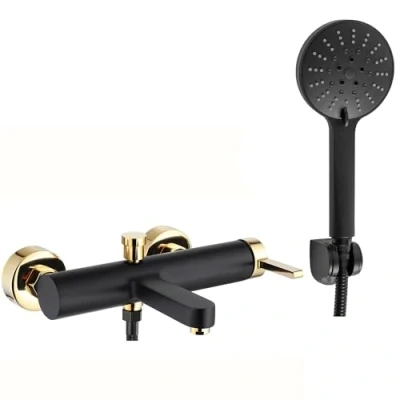 Immagine di Rea POLO BLACK GOLD RUBINETTO Vasca Miscelatore con Doccia in Ottone per Bagno Caldo e Freddo Regolabile (Nero Opaco/Oro)