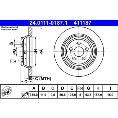 Immagine di ATE 24.0111 0187.1 Disco freno 316,0 11,0 5 108,0 pieno rivestito legato /ad alto tenore di carbonio FORD: Galaxy Mk3 MPV, S Max Mk2