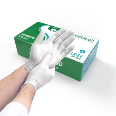 Immagine di VENSALUD Guanti Monouso in lattice Senza Polvere Resistente Per laboratori, sanitari, cucina, studi di tatuaggi, veterinaria, pulizia 100 pz. Semi Bianco Taglia S