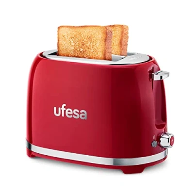 Immagine di Ufesa Classic Pinup, Tostapane Design Vintage, 850 W, 2 Fette, Bocca Ampia Adatta a Qualsiasi Tipo di Pane, 7 Livelli tostatura, Tripla Funzione, Raccoglicavo, Vassoio Raccogli Briciole, Rosso