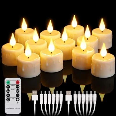 Immagine di yunsheng 12 lumini ricaricabili con telecomando e timer 4/6H, ricaricabili, senza fiamma, 2 cavi USB, stoppino in silicone 3D, luce bianca calda per la decorazione della casa