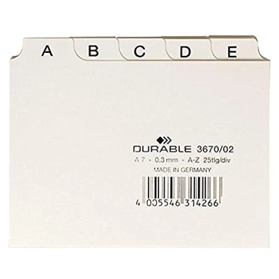 Immagine di Durable 367002 Divisore alfabetico per schedario, f.to A7, con etichette prestampate (A Z), bianco, confezione da 25 pezzi