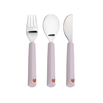 Immagine di LÄSSIG Set di posate per bambini 3 pezzi forchetta, cucchiaio, coltello in acciaio inox con manico silicone/Cutlery with Silicone Handle Happy Rascals Heart lavender