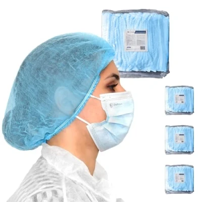 Immagine di OneProtek Set di 4x 100 Cuffie monouso TNT per capelli Blu Cuffia modello Plissè Copricapo usa e getta non tessuto traspirante