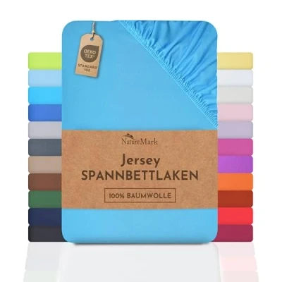 Immagine di NatureMark Lenzuolo con angoli elasticizzati in jersey, 100% cotone, molti colori e misure, conforme all’Oeko Tex Standard 100, 180 x 200 cm cm, turchese