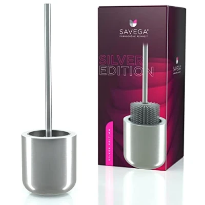 Immagine di SAVEGA scopino WC in acciaio inox e silicone per con supporto Spazzola testa antibatterica Set Elegante porta Argento