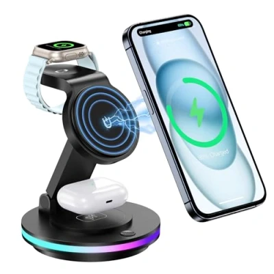 Immagine di Supporto magnetico senza fili, 3 in 1, stazione di ricarica girevole e pieghevole, con luce notturna per iPhone 16/15/14/13, Apple Watch 2 a 9