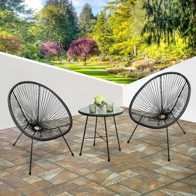 Immagine di RayGar Set da giardino per interni ed esterni, con sedie in filo di rattan, 3 pezzi, colore: nero