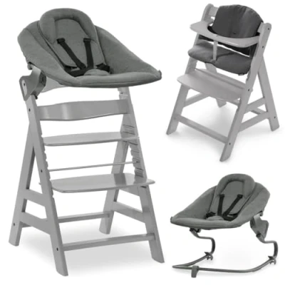 Immagine di hauck Seggiolone Pappa Evolutivo Alpha Plus Newborn Set Premium, Da 0 Mesi con Sdraietta Neonati Reclinabile Premium Extra Piatta, Cuscino in Cotone (Bouncer Dark Grey, Grigio)