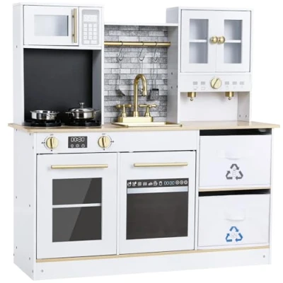 Immagine di Cucina Giocattolo per Bambini Legno, con Effetti Simulati di Luce e Suono, 2 Grandi Scatole Portaoggetti, dai 3 Anni, 90x30x90 cm, Bianco