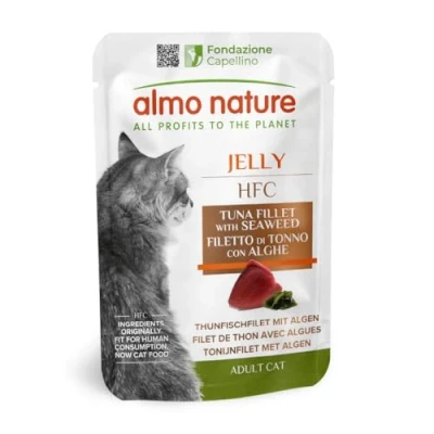 Immagine di Almo Nature HFC Jelly per Gatti Adulti Cibo Umido con 100% Filetto di Tonno &amp; Alghe Freschi Qualità HFC. Pacco da 24 Bustine x 55g cad.