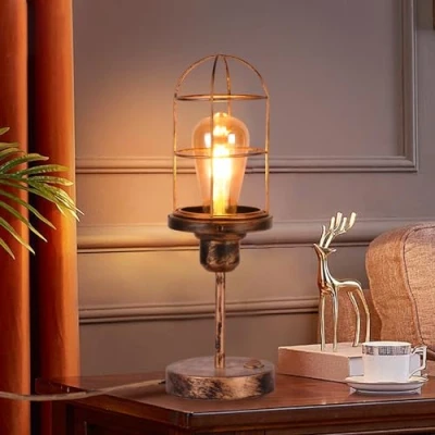 Immagine di TWSXTE Lampada da tavolo E27 Retro Illuminazione industriale vintage comodino rustica con interruttore a gabbia in metallo interno per interni (senza lampadina)