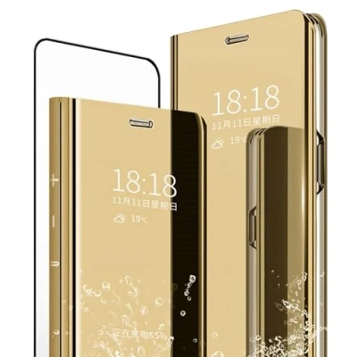Immagine di MLOTECH Golden Cover per Huawei P30 + vetro temperato Flip Clear View Traslucido Specchio Standing 360 Custodia antiurto Smart Bumper