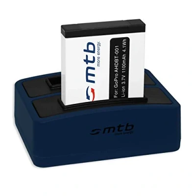 Immagine di Batteria + Caricabatteria doppio (USB) per GoPro ABPAK 001, AHDBT 001 Hero, Hero2, Hero960 vedi lista (Cavo USB micro incluso)
