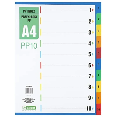 Immagine di D.RECT divisori per A4, PP10, 10 divisori, ad anelli, tabelle con numeri da 1 a 10, multicolore, colorati in PP, polipropilene