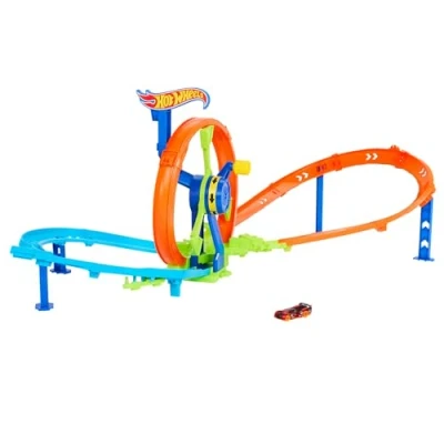 Immagine di Hot Wheels pista loop Rotante, playset con zona scontro su a forma di 8 e propulsione, include una macchinina in scala 1:64, giocattolo per bambini, 3+ anni, JBX65