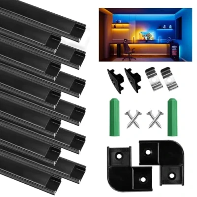 Immagine di 12 pezzi di Profilo in Alluminio da 1m a Forma U Modello, per Strisce LED Compatto Facile tagliare con Cover e Tappi Chiusura laterali, Accessori Completi Montaggio, Montaggio Universale