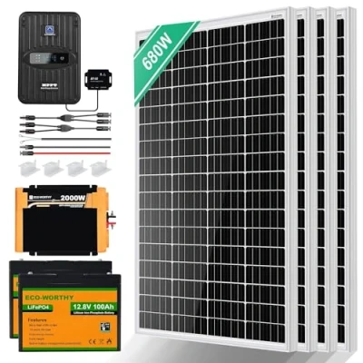 Immagine di ECO WORTHY Sistemi solare da 2,72 kW, 680 W, 12 V, set completo per camper: 4 moduli solari 170 regolatore di carica MPPT 40 A, 2 batterie al litio 100 Ah + inverter 2000 W