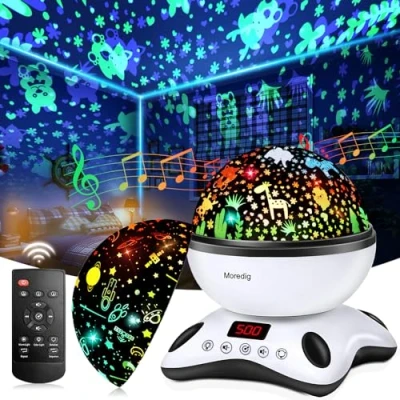 Immagine di Moredig Proiettore Stelle Bambini, 360 Rotazione Musicale Bambini con Schermo a Led e Telecomando, 8 Modalità Luce Notturna Regali Natale, Regalo Neonati,