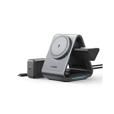 Immagine di MagSafe, Anker 737 MagGo Charger (stazione 3 in 1) con ricarica rapida 15 W Max certificata MFi, per iPhone 14/13/12 Series, Apple Watch S8/7/6, AirPods 3/Pro (caricatore USB C 30 incluso)