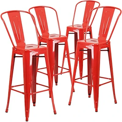 Immagine di Flash Furniture Lily Commercial Grade Sgabelli da Bar per Interni ed Esterni in Metallo Rosso Alto 30&quot; con Schienale Rimovibile, Confezione 4