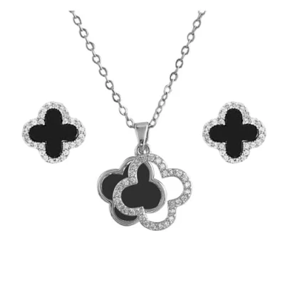 Immagine di Hanaoops Parure di Gioielli da Donna Collana Orecchini Quadrifoglio Acciaio al Titanio Fortunato Nero Set Squisiti per Moglie Mamma (Oro)