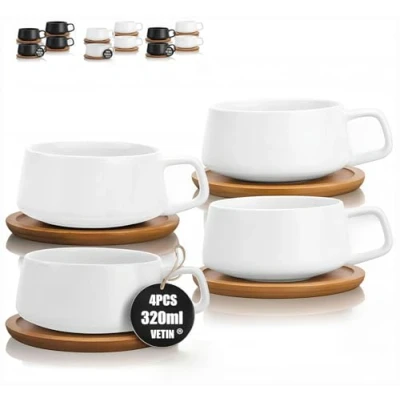 Immagine di VETIN Set 4 tazze da cappuccino con piattino, tazza in marmo, tazzine caffè porcellana 300 ml per tè cappuccino, disco legno (Bianco*4)