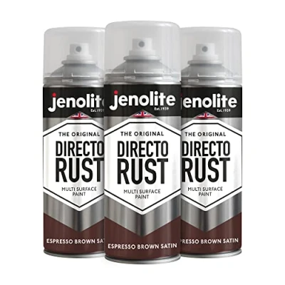 Immagine di JENOLITE Directorust Espresso Marrone Satinato Vernice spray multisuperficie Per l&#039;uso su legno, metallo, plastica, ceramica e superfici arrugginite 3 x 400ml (RAL 8017)