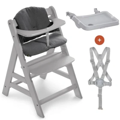 Immagine di hauck Seggiolone Alpha Plus con Vassoio Tray e Cuscino di Seduta in Legno Evolutivo Regolabile, da 6 Mesi (Grigio)