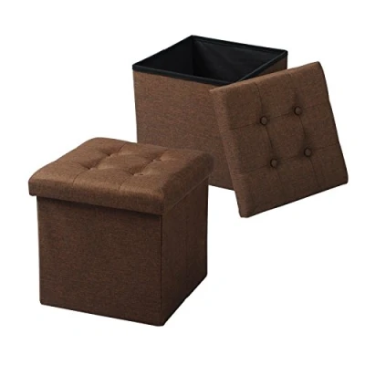 Immagine di WOLTU Sedia a Cubo Pouf Sgabello Pieghevole Cassapanca Contenitore Poggiapiedi in MDF Oxford Lino Marrone 2 Pz