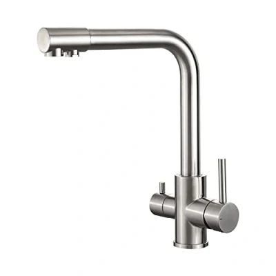 Immagine di IBERGRIF M22109A Rubinetto Filtro Acqua 3 Vie, Rubinetti Cucina Miscelatore Lavello Girevole con 2 Maniglie, Calda, Fredda e per Cucina, Nichel Spazzolato
