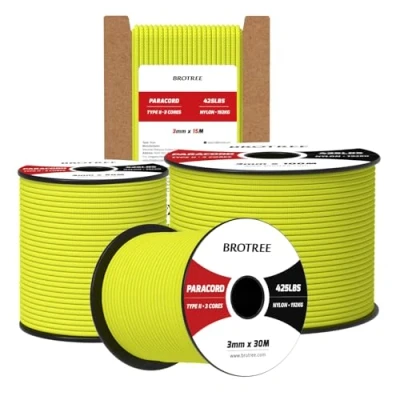 Immagine di Brotree Paracord 3mm 15M Corda 100% Nylon Tipo II 3 Fili 425 per Esterno, Artigianato, Fatto a Mano 192 kg Carico di Rottura (Neon Giallo)