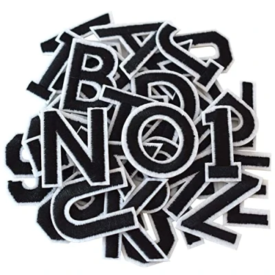 Immagine di GYGYL 72 toppe termoadesive con lettere e numeri, nere dalla A alla Z, numeri 0 9, per vestiti, cappelli, calze, jeans, accessori fai da te