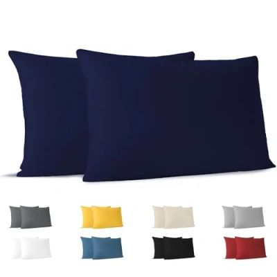 Immagine di Dreamzie Federa Cuscino 40x70 (Set di 2) Blu Scuro per i Cuscini 40 x 70 cm 100% Jersey Cotone da Copri Letto Fodera Protezione