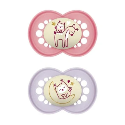 Immagine di MAM Original Ciuccio Luminoso in Set da 2 Succhietti misura 6+ mesi, Tettarella Silicone SkinSoft, Bio circolare, con Custodia Porta Succhietto, Rosa