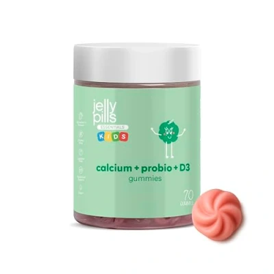 Immagine di Jelly Pills® Gummies Bambini Calcio e Probiotici con Vit D3 K2 70 vegane al gusto di fragola per ossa, muscoli denti 1 miliardo CFU Senza zuccheri aggiunti 2 mesi
