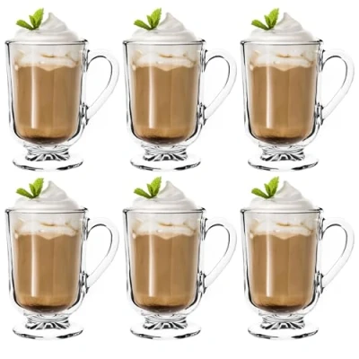 Immagine di KADAX Bicchieri da Caffè in Vetro Trasparente, Tazze Eleganti con Manico e Piede per Cioccolata Calda, Cappuccino Irish Coffee (Set di 6, 300 ml)