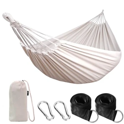Immagine di Anyoo Amaca da Giardino in Cotone Tessuto Comodo con Cinghie Rispettose degli Alberi per Appendere, Durevole Portatile Borsa Viaggio Campeggio, Esterno/Interno, Balcone, Patio