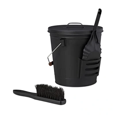 Immagine di Relaxdays Secchio Portacenere, Contenitore per Cenere, Carbonella, con Manico Coperchio Paletta e Scopino, 19 L, Nero, 70% Acciaio 20% Legno 10% plastica