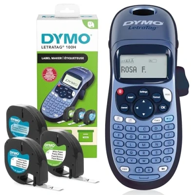 Immagine di DYMO LetraTag LT 100H Starter Kit per la creazione di etichette, Macchina etichettatrice palmare, con nastro adesivo in plastica, carta e trasparente, adatto casa o ufficio