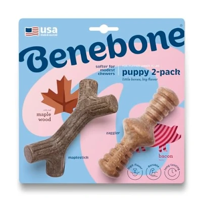 Immagine di Benebone Puppy Tiny Confezione da 2 bastoncini di acero indistruttibili per masticatori aggressivi, rompi la noia della dentizione a lunga durata cuccioli, vero sapore pancetta e legno